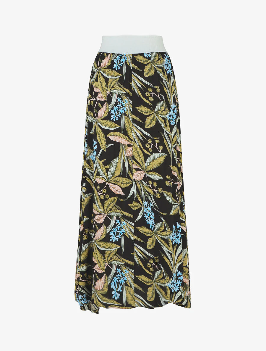Elastische lange rok met tropische print - Zwart - Image 2