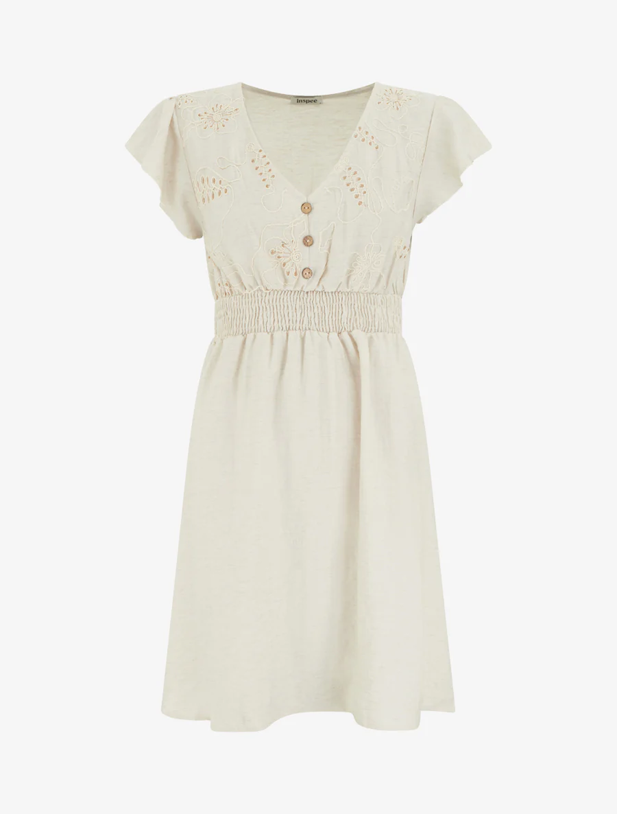 Elastische midi-jurk met geborduurd lijfje - Beige