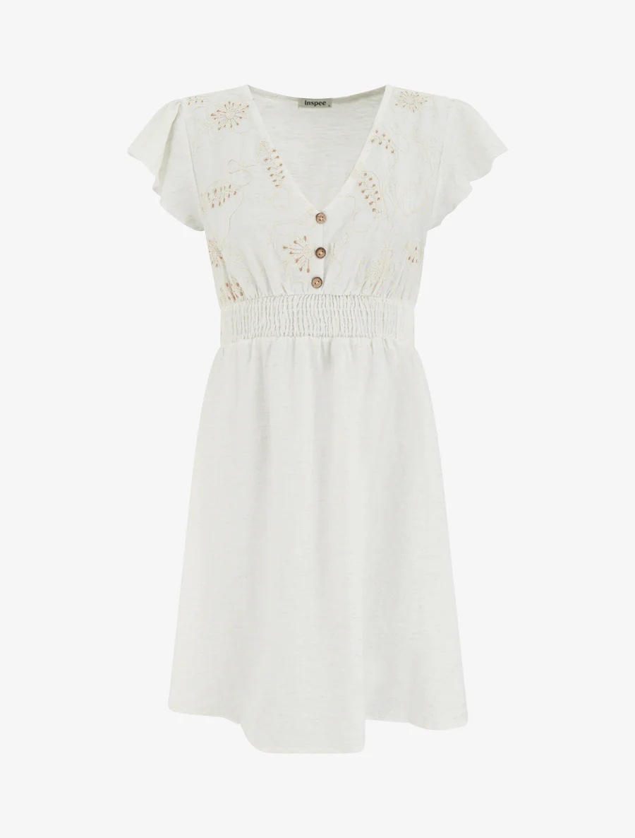 Elastische midi-jurk met geborduurd lijfje - Wit