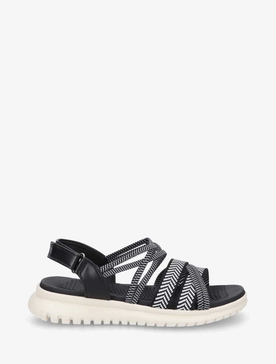 Elastische platte sandalen met klittenband. - Zwart