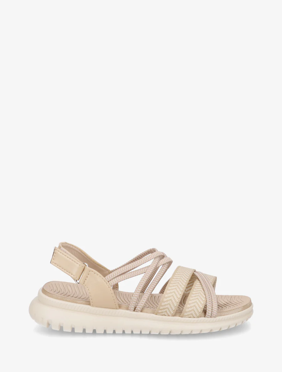 Elastische platte sandalen met klittenband. - Donker beige