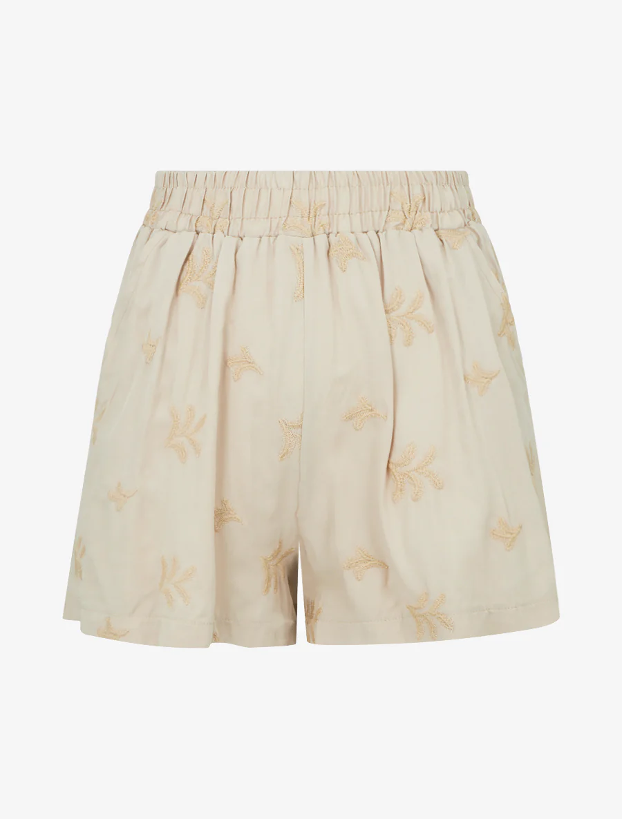 Elastische rechte korte broek met fantasieborduursels - Beige