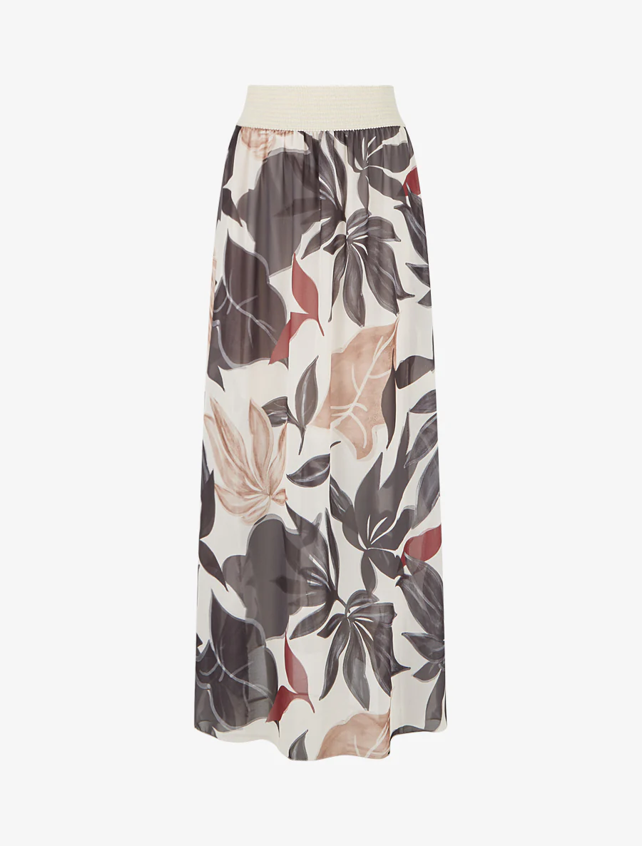 Elastische rok met grote bladerenprint - Zwart