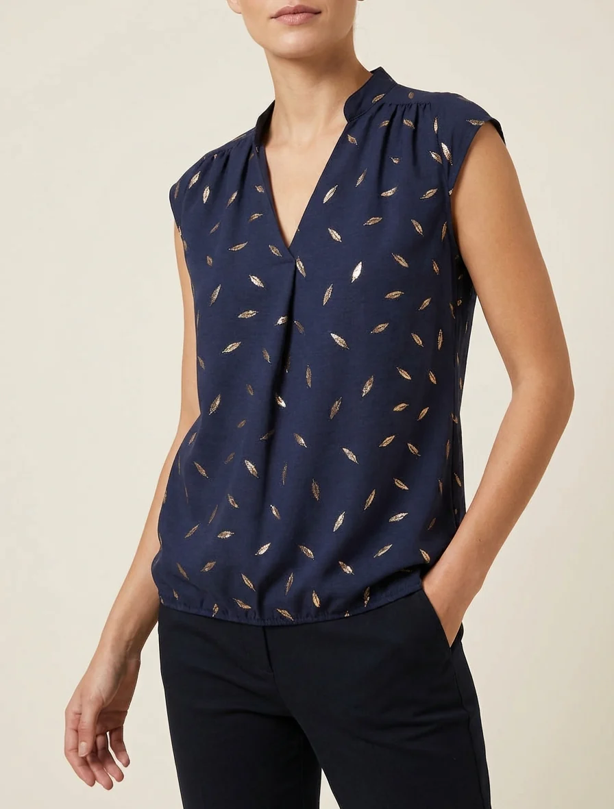 Elastische top met iriserende verenprint. - Marine - Image 4