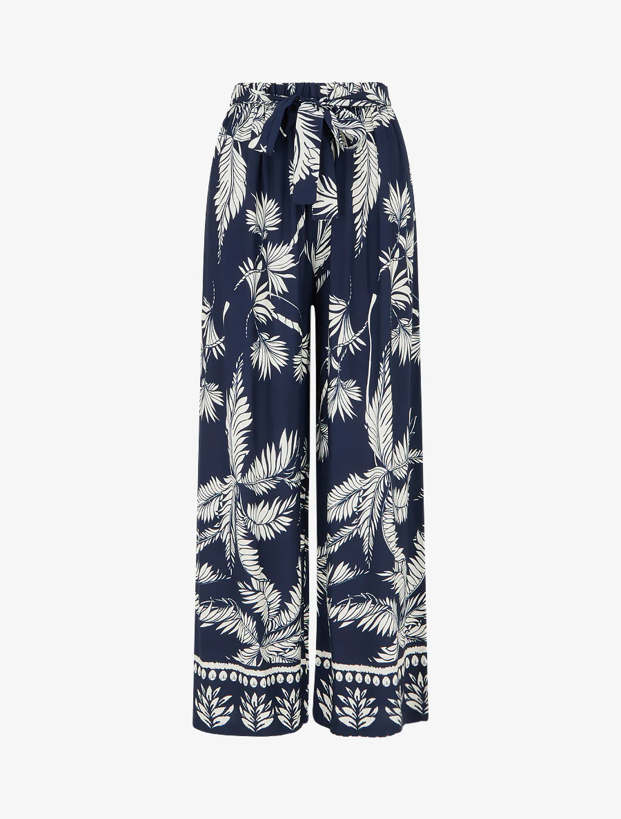 Elastische vloeiende broek met bladerprint - Marine