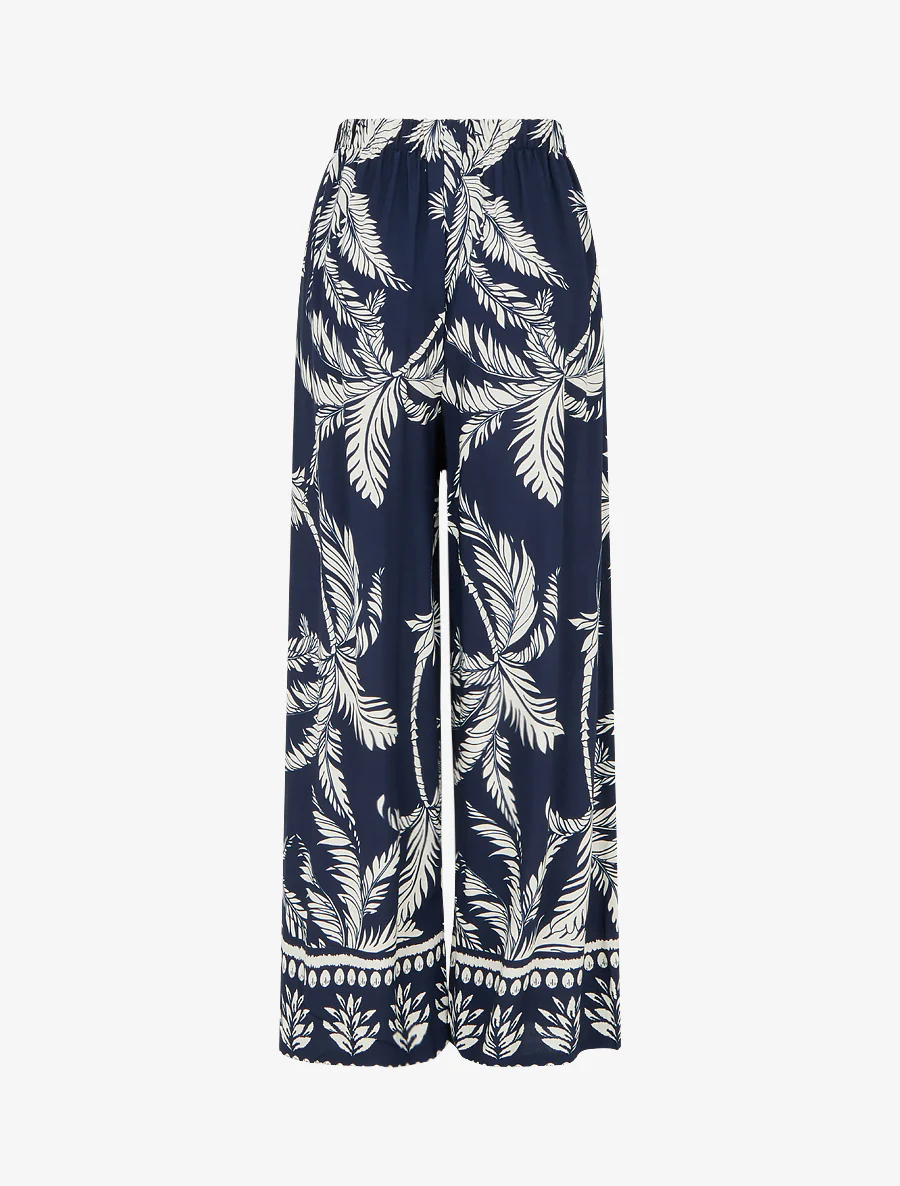 Elastische vloeiende broek met bladerprint - Marine - Image 2