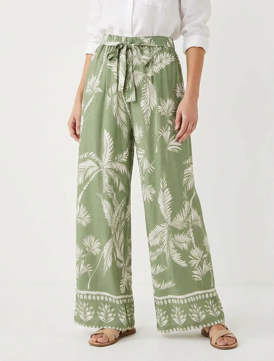 Elastische vloeiende broek met bladerprint - Kaki - Image 4