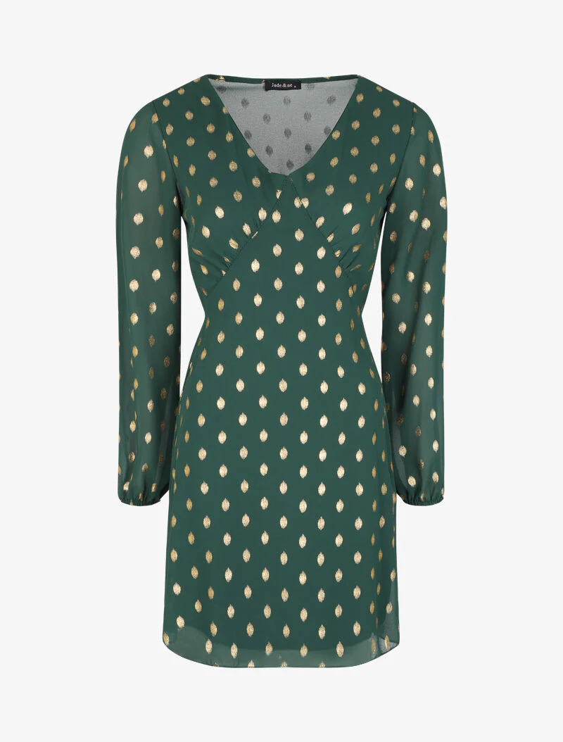Empire jurk met gouden stippenprint - Groen