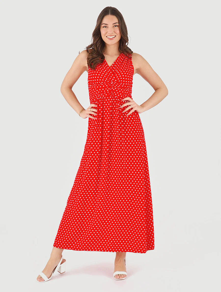 Empire lange jurk met stippen - Rood - Image 4