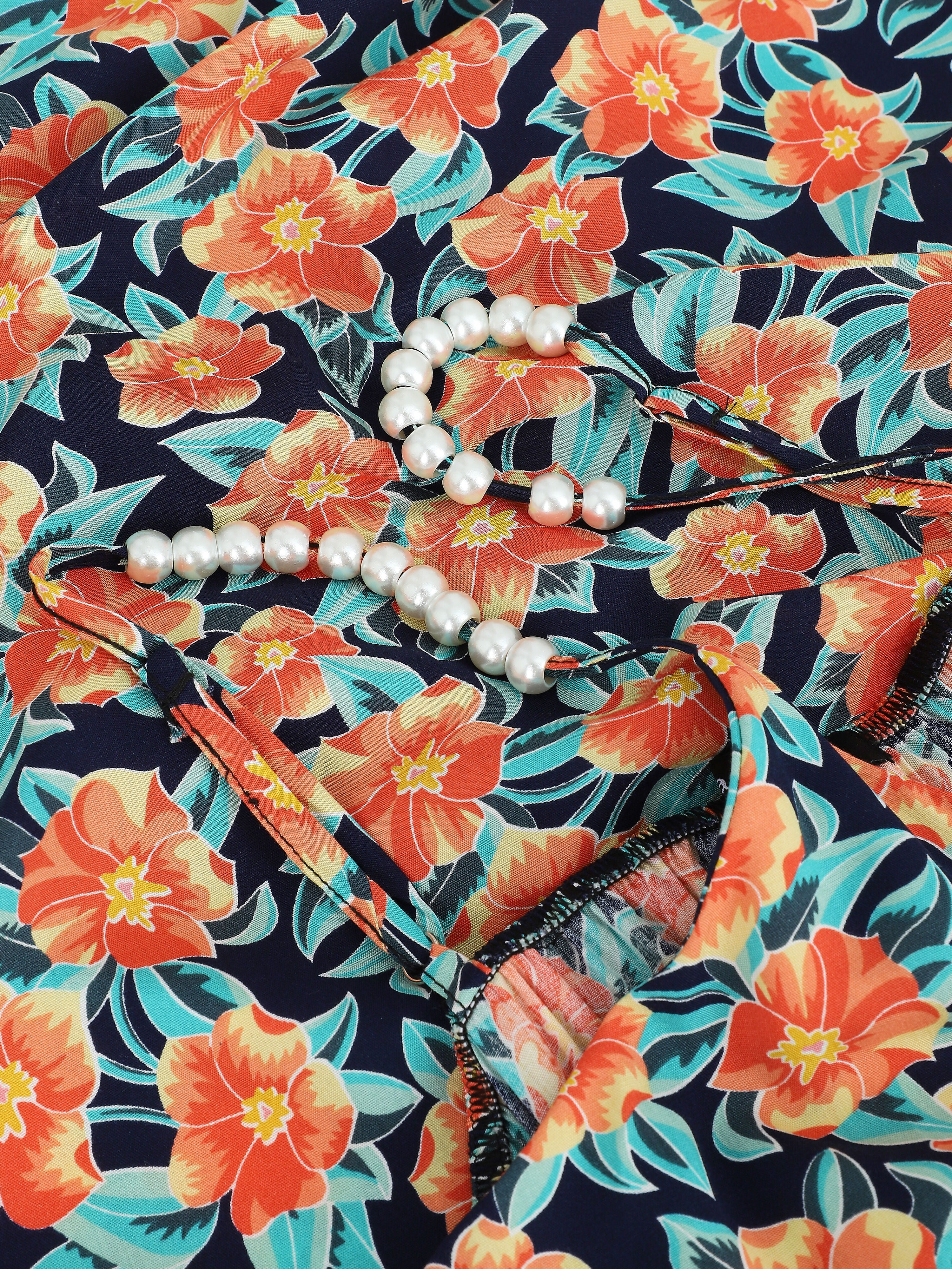 Empire lange jurk met tropische bloemenprint met parelbandjes - Marine - Image 3