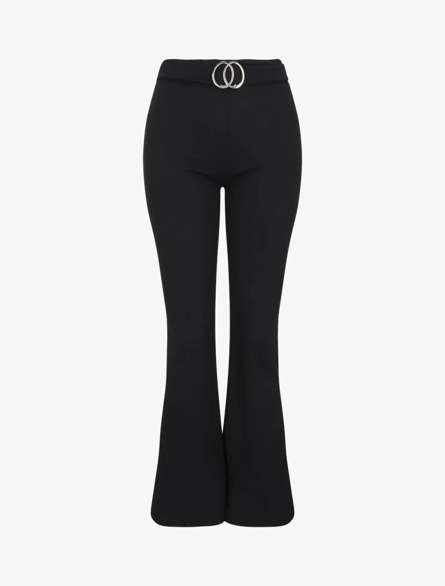 Extra lange flared broek met metalen gesp - Zwart