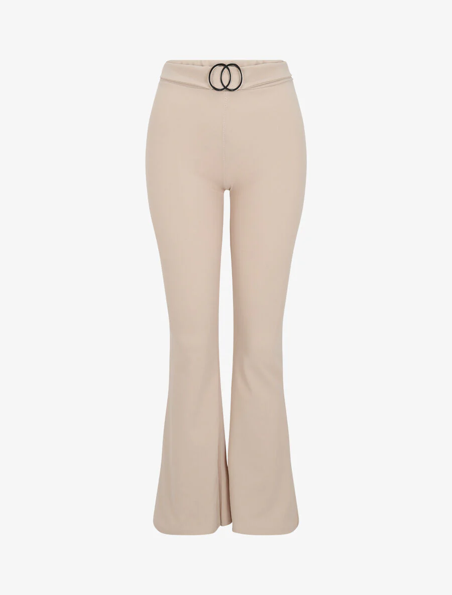 Extra lange flared broek met metalen gesp - Beige