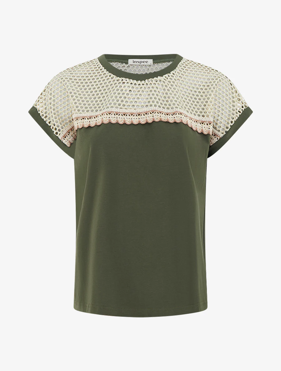 Fantasie T-shirt met opengewerkte schouders - Kaki