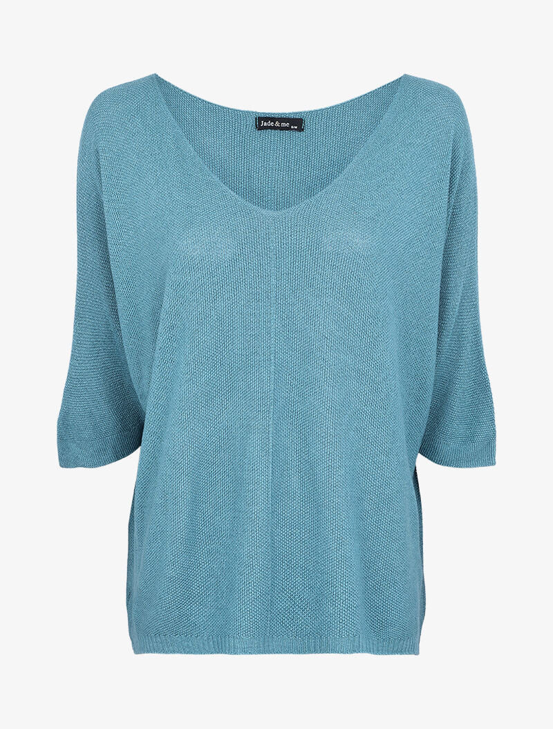 Fijngebreide trui met 3/4 mouwen - Karrenblauw