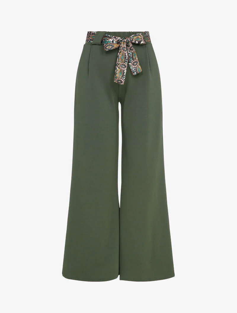 Elastische flared broek met sjaalstijl riem - Olijfgroen