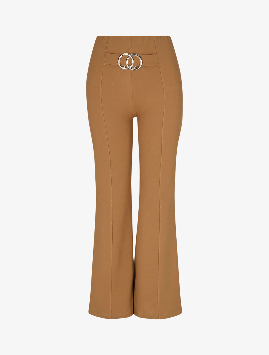 Flared broek met hoge taille en gesp - Kameel