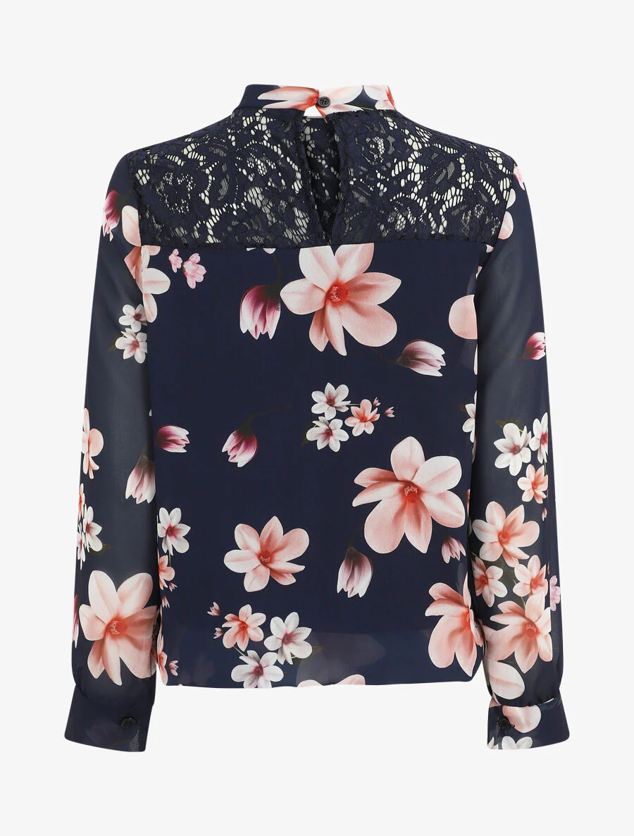 Gebloemde top met kant - Marineblauw - Image 2