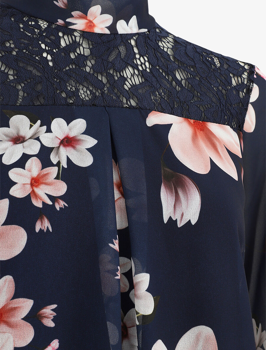 Gebloemde top met kant - Marineblauw - Image 3