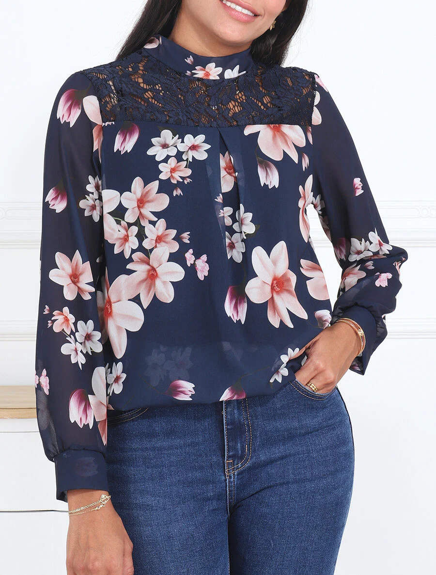 Gebloemde top met kant - Marineblauw - Image 4