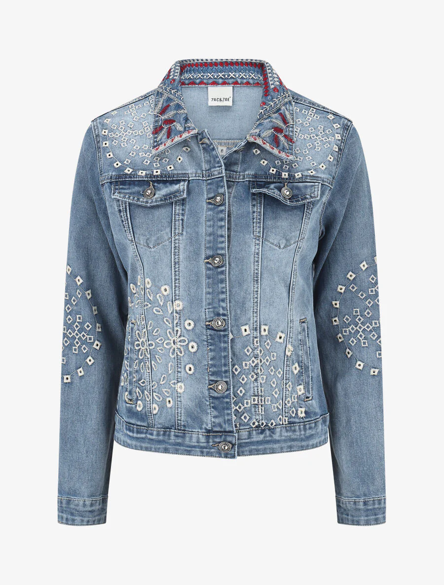 Geborduurd denim jack met stras - blauw