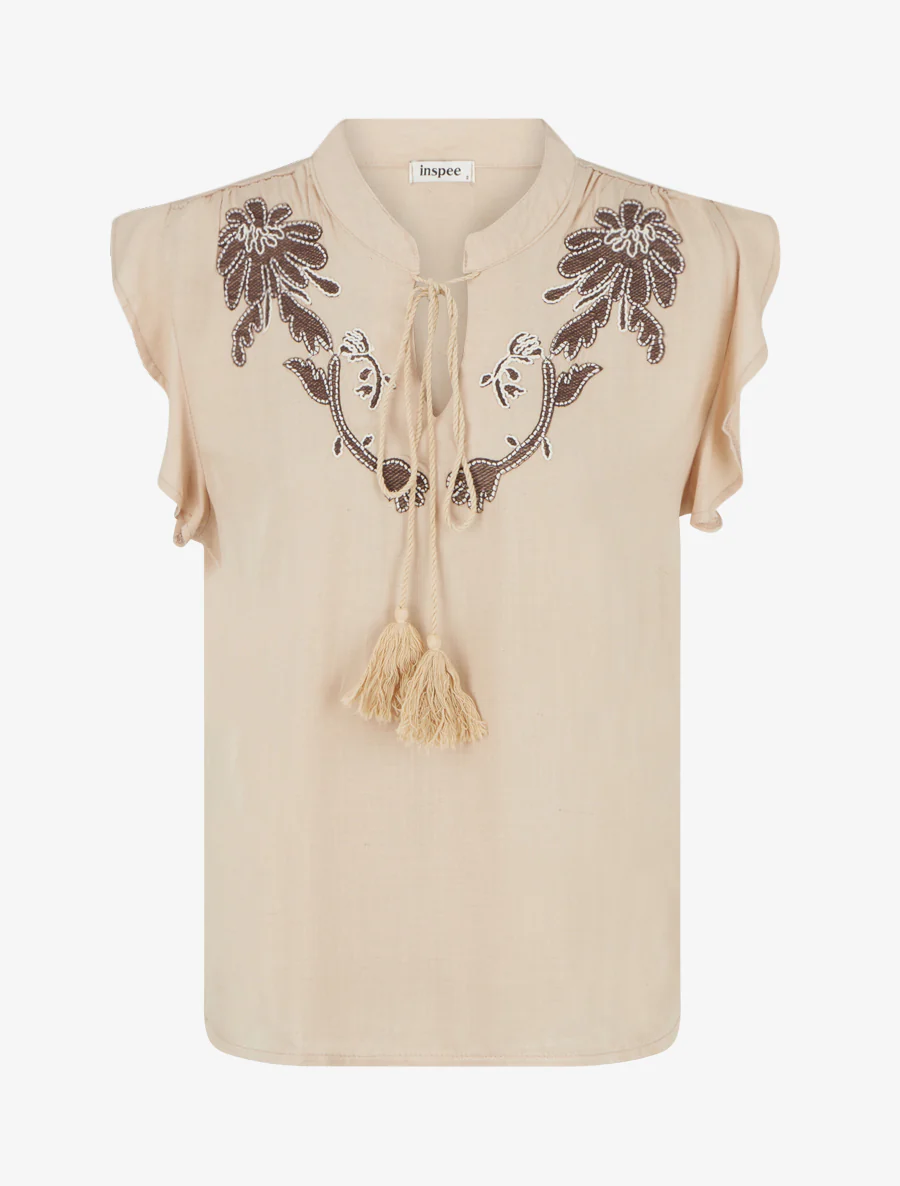 Geborduurd topje met ruches mouwtjes - Beige