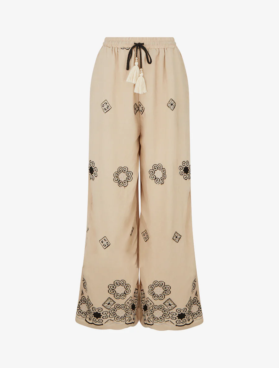 Geborduurde broek met elastische hoge taille - Beige