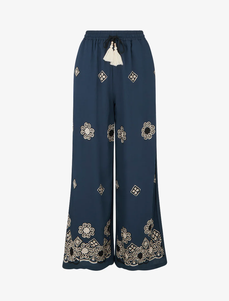 Geborduurde broek met elastische hoge taille - Marine