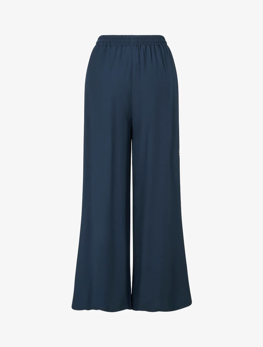 Geborduurde broek met elastische hoge taille - Marine - Image 2