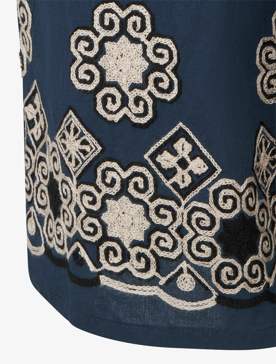 Geborduurde broek met elastische hoge taille - Marine - Image 3