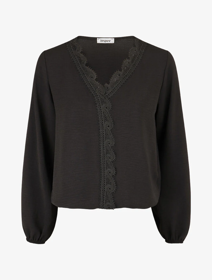 Geborduurde V-hals blouse - Zwart