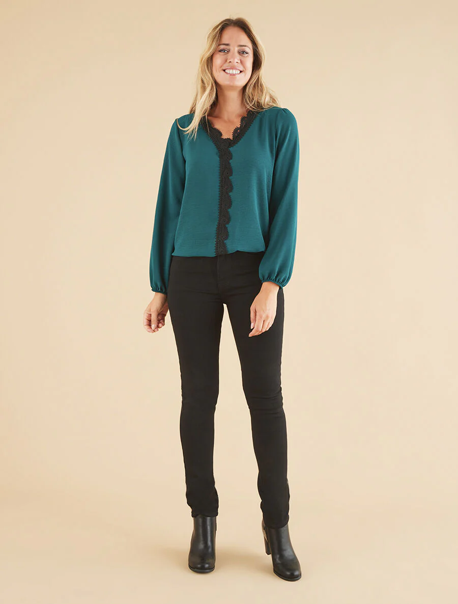 Geborduurde V-hals blouse - Dennengroen - Image 4