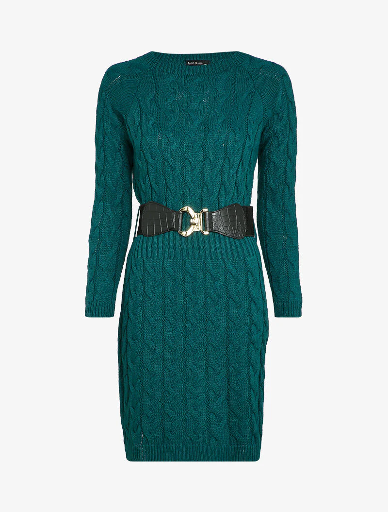 Gebreide trui jurk met kabelpatroon en geribde taille - Blauwgroen
