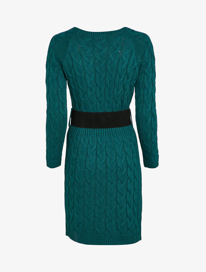 Gebreide trui jurk met kabelpatroon en geribde taille - Blauwgroen - Image 2