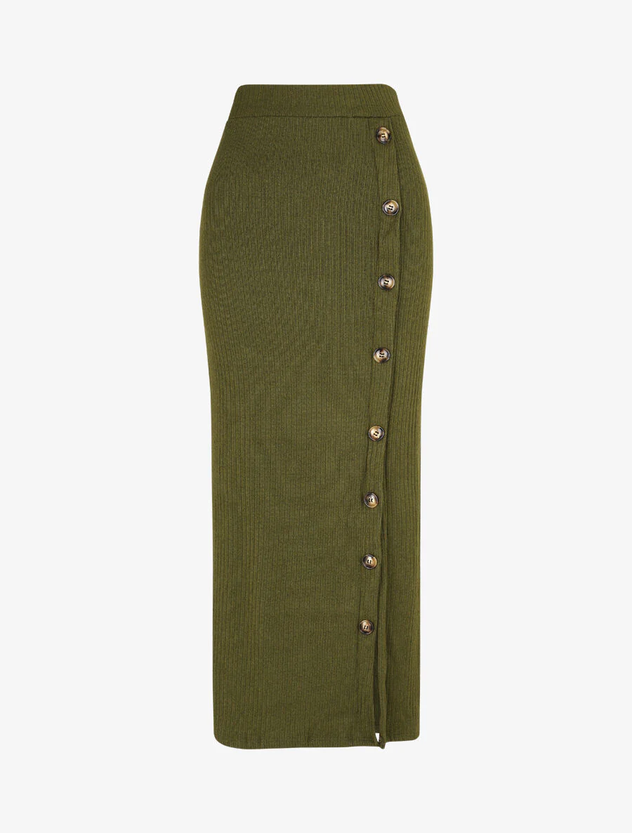 Gebreide lange rok met split - Kakigroen