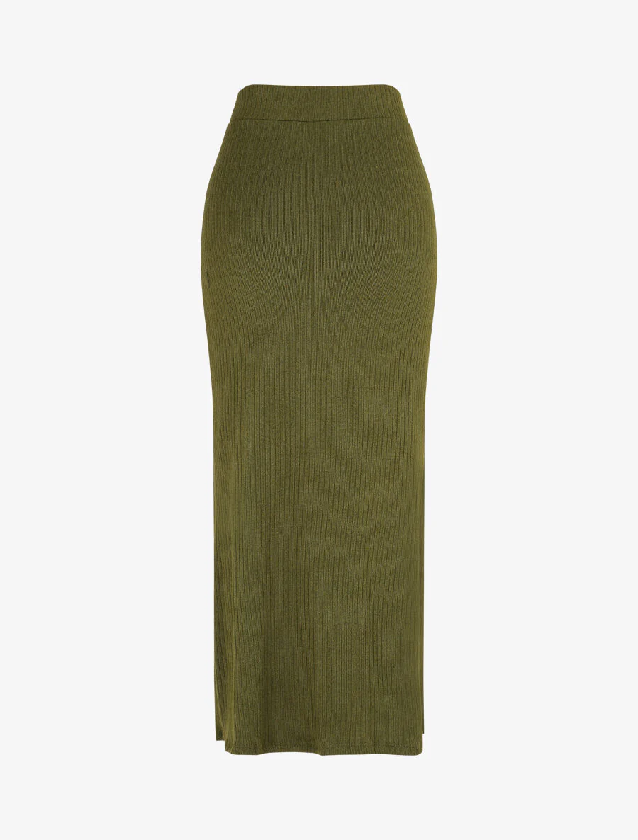 Gebreide lange rok met split - Kakigroen - Image 2