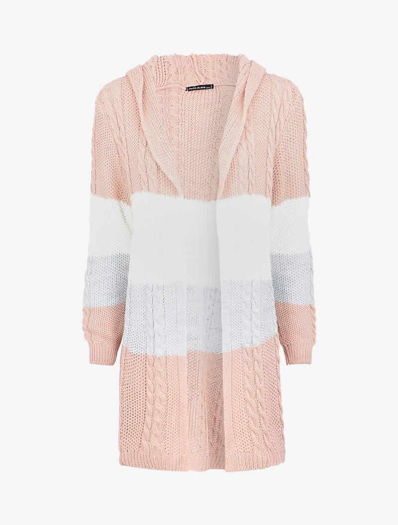 Gebreide hoodie cardigan - Roze/wit/grijs