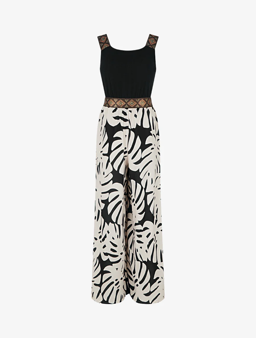Gedessineerde bladeren jumpsuit met glanzende bandjes - Zwart - Image 2