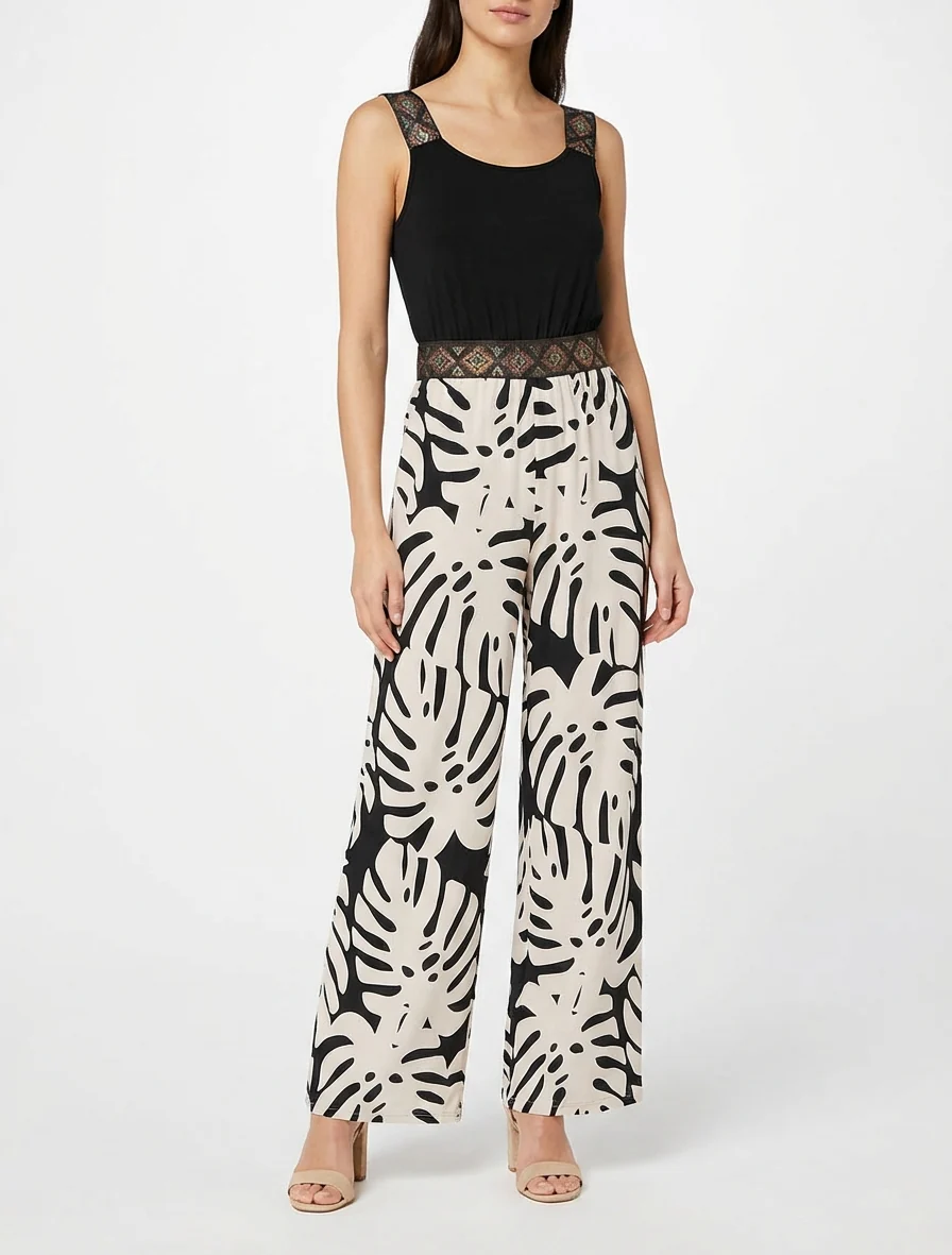 Gedessineerde bladeren jumpsuit met glanzende bandjes - Zwart - Image 4