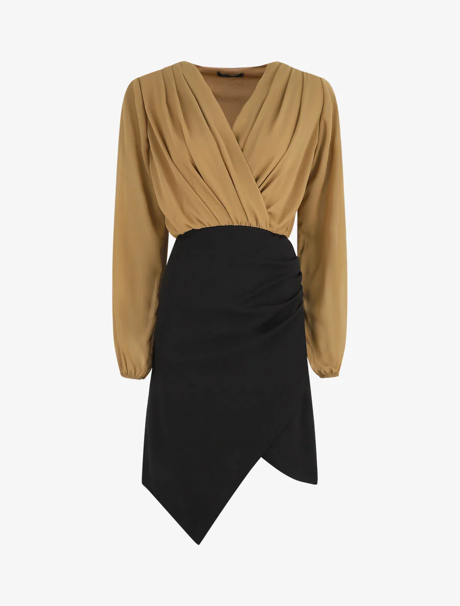 Gedrapeerde jurk in wikkelstijl - Camel/zwart