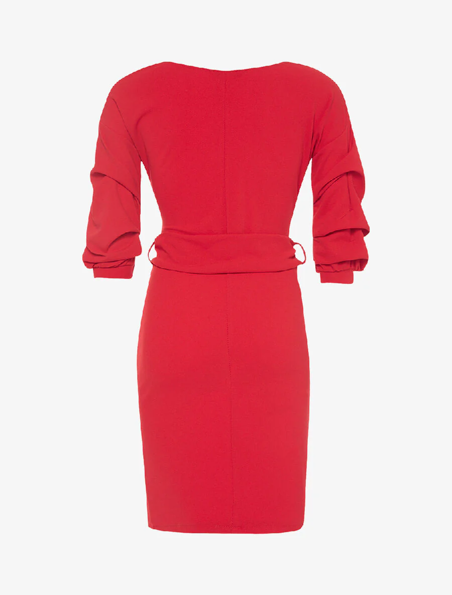 Gevouwen jurk met gekreukte mouwen - rood - Image 2