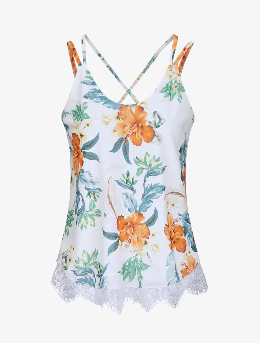 Gedrukte grafische blouse met gekruiste bandjes - oranje
