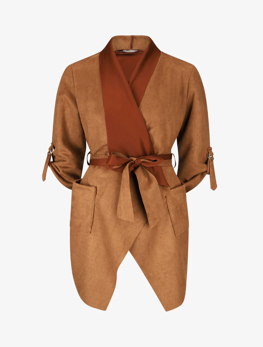 Gegooid suède vest - Kameel