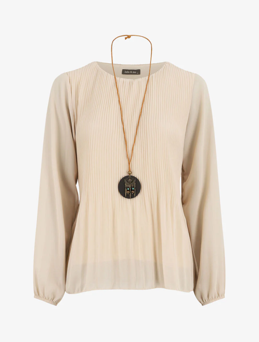 Geplooze blouse met lange mouwen - Beige
