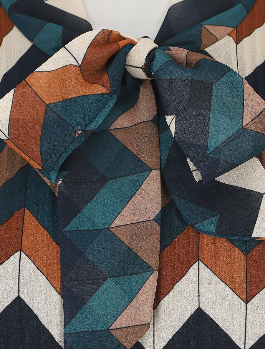Geplooide lavaliere blouse met zigzagprint - Blauwgroen - Image 3