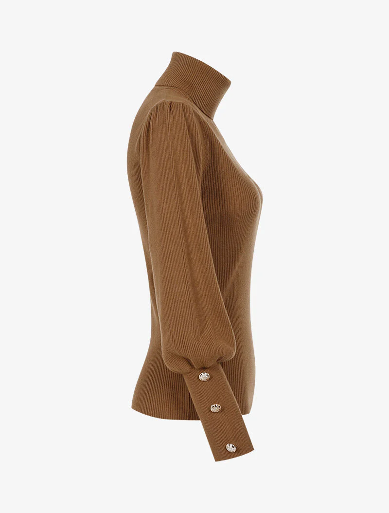 Geribbelde trui met bischopsmouwen - camel - Image 3