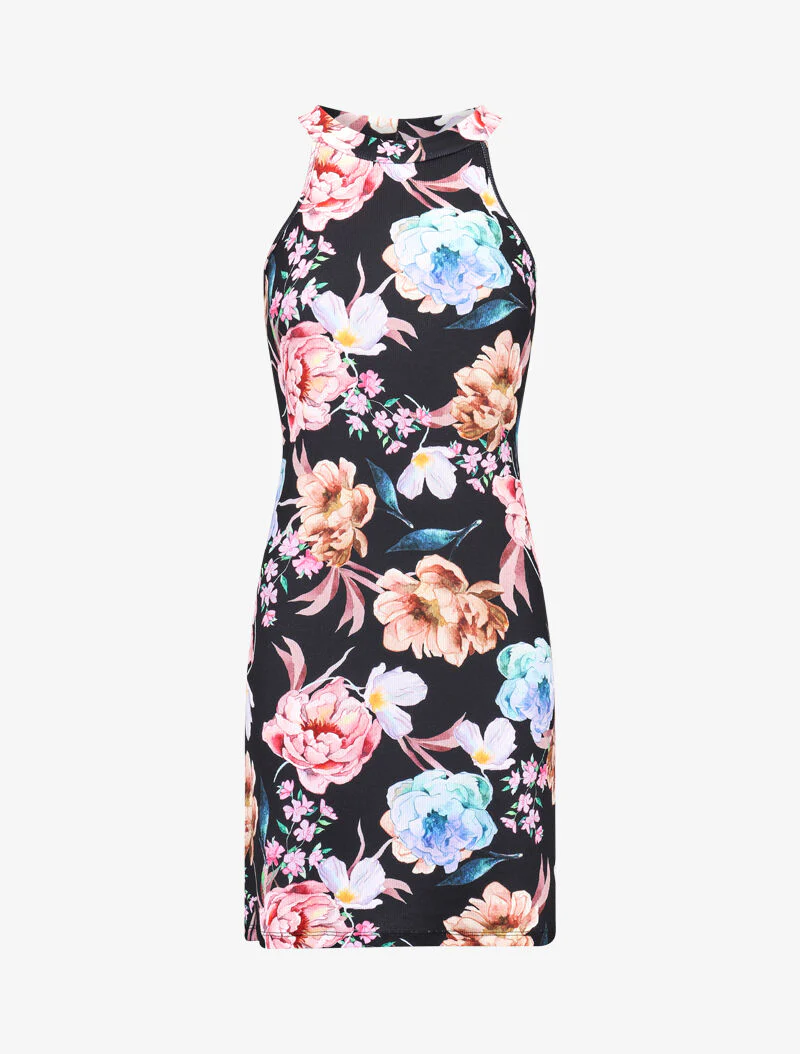 Geribde jurk met prints - Zwart