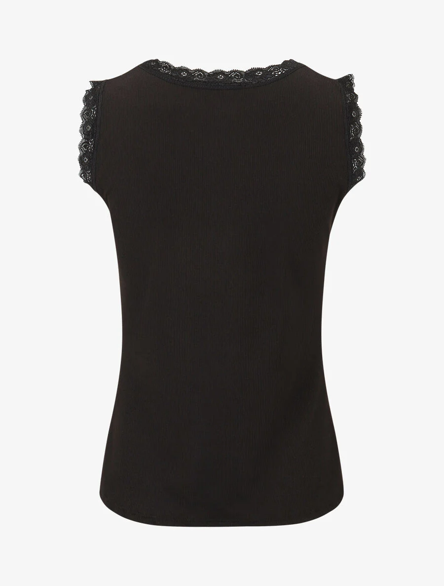Geribbelde tanktop met kanten randje - Zwart - Image 2