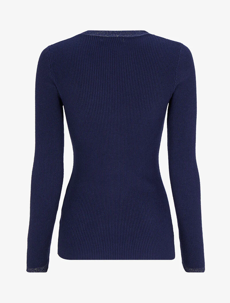 Geribbelde trui met V-hals iriserende afwerking en strass knopen - Donkerblauw - Image 2