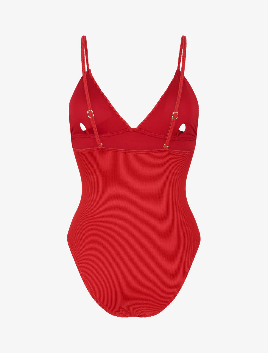 Geribbelde badpak met V-hals - Rood - Image 3