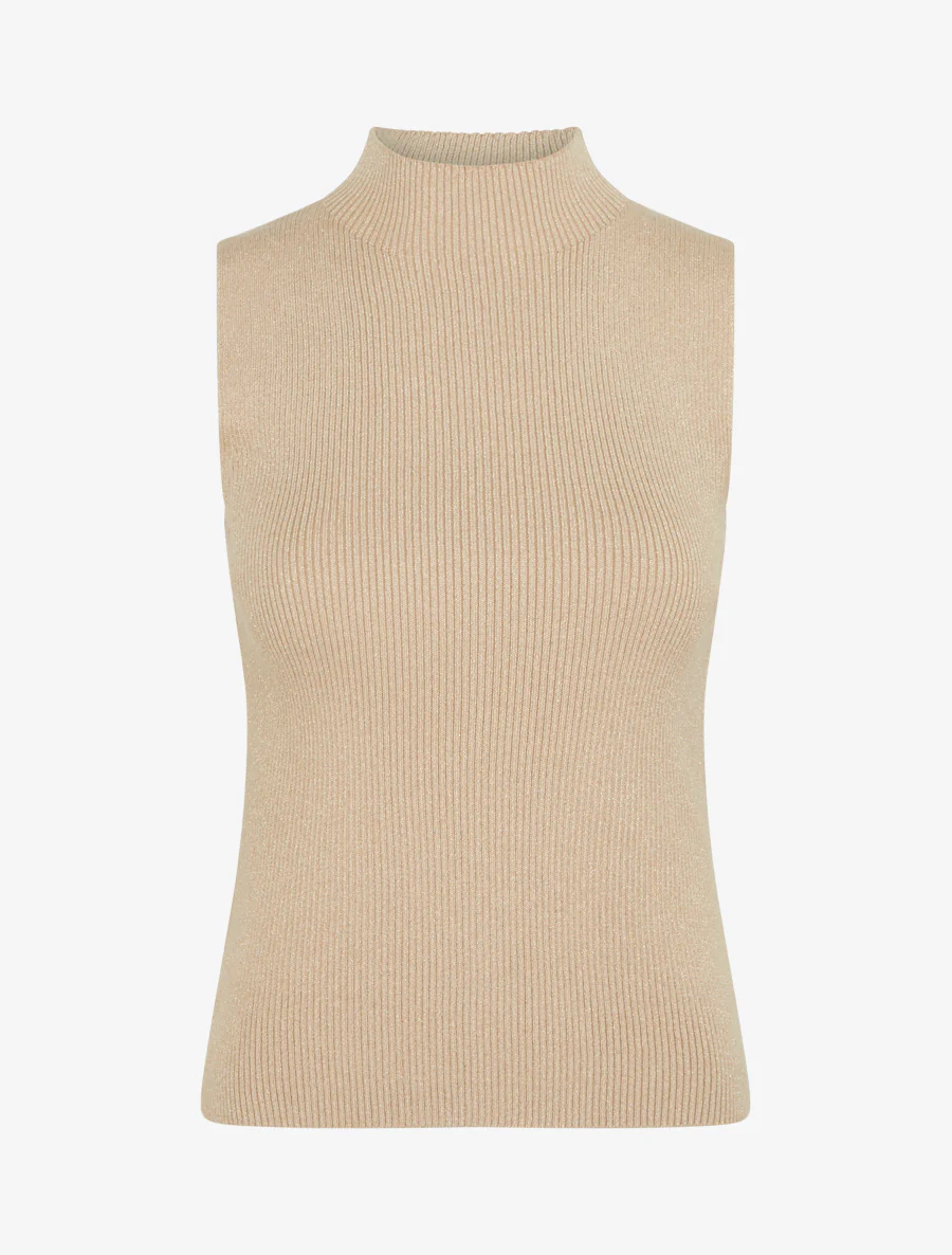 Geribd iriserend mouwloos shirt met opstaande kraag - Beige - Image 2
